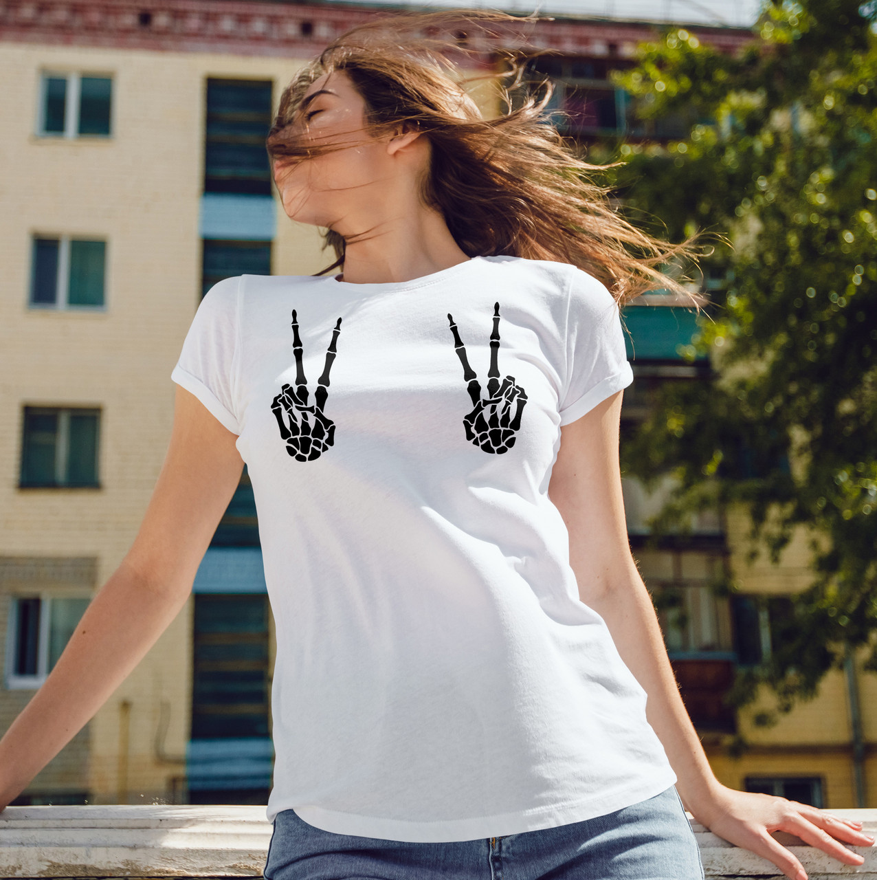 Жіноча футболка з принтом "Skeleton Peace" Білий, L