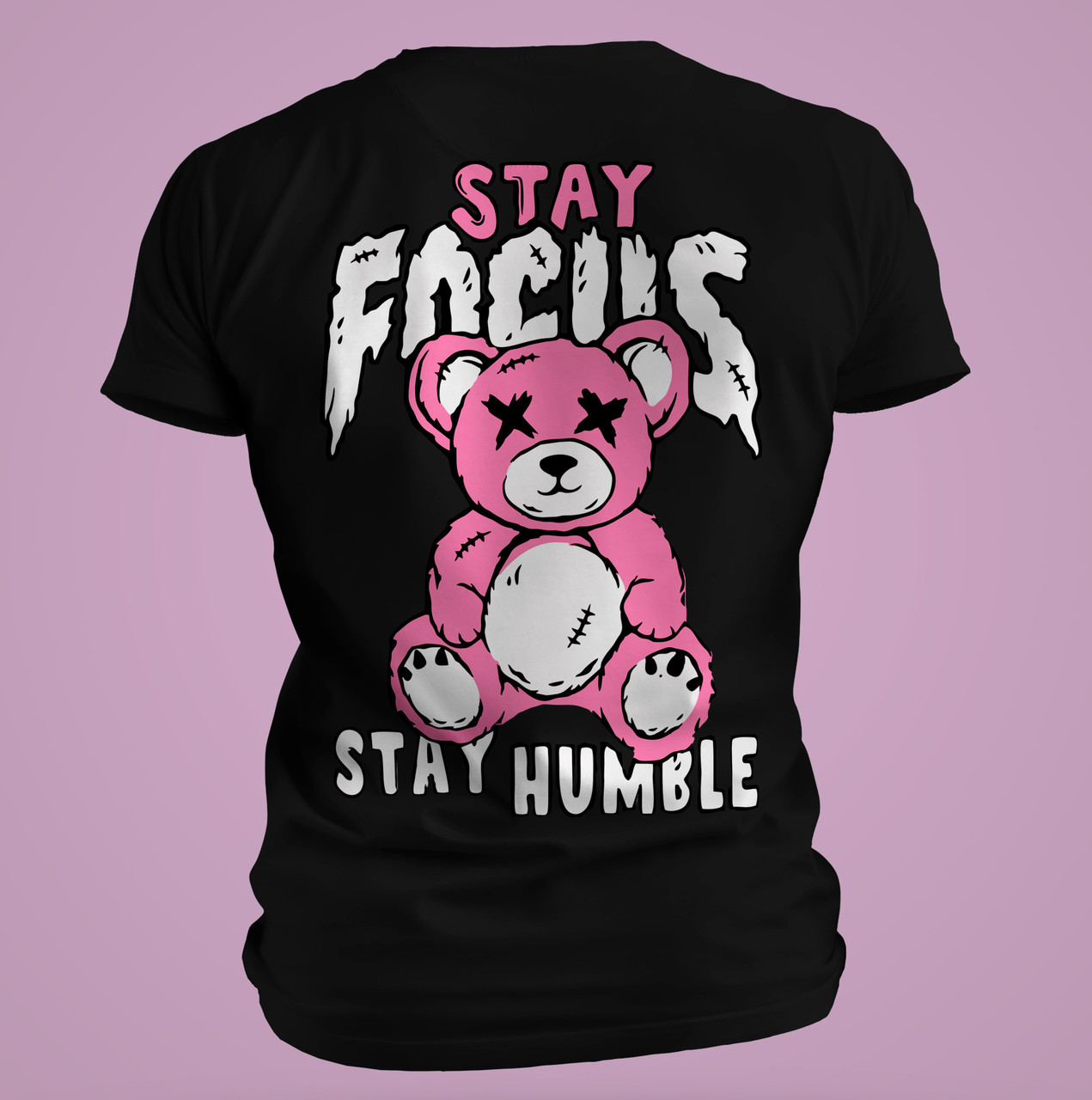 Жіноча футболка з принтом "Stay Focus — Stay Humble" та рожевим ведмедиком Чорний, XL