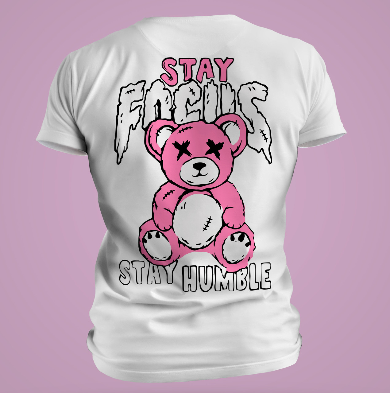 Жіноча футболка з принтом "Stay Focus — Stay Humble" та рожевим ведмедиком Білий, XXL